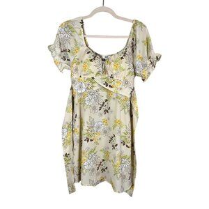 Retro Floral Babydoll Mini Dress S Yellow Boho Hippie Milkmaid Indie Folk Chic